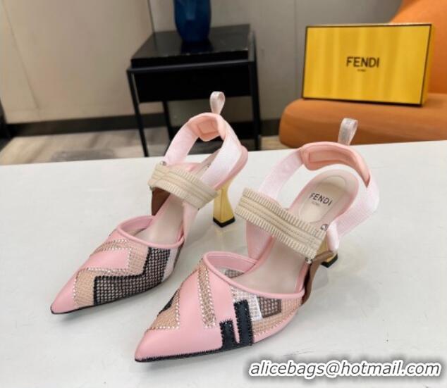 Good Quality Fendi Colibri Slingback Pumps 8.5cm in Leather and Canvas with Studs Light Pink 0106075