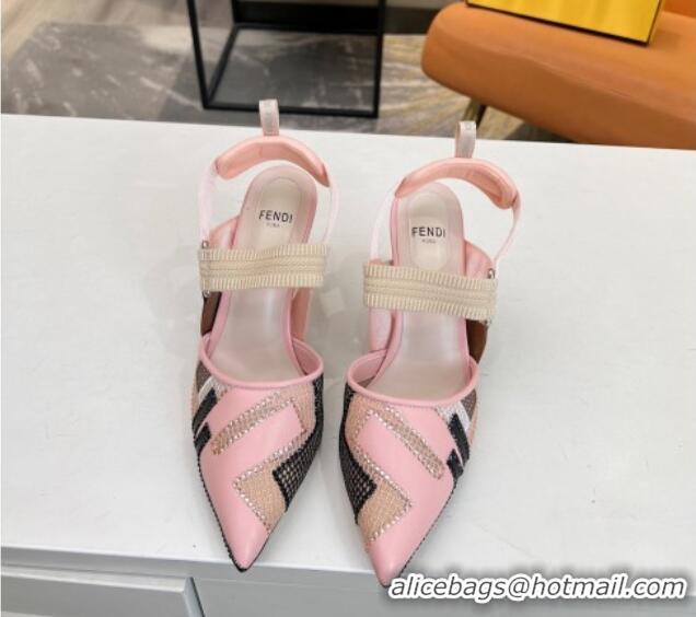 Good Quality Fendi Colibri Slingback Pumps 8.5cm in Leather and Canvas with Studs Light Pink 0106075