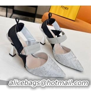 Grade Quality Fendi Colibri Slingback Pumps 8.5cm in Crystals Silver 0106076