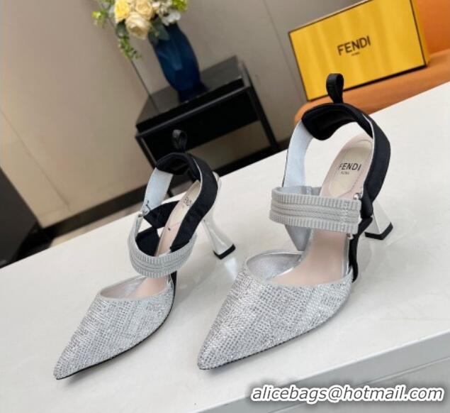 Grade Quality Fendi Colibri Slingback Pumps 8.5cm in Crystals Silver 0106076