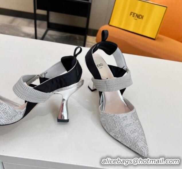 Grade Quality Fendi Colibri Slingback Pumps 8.5cm in Crystals Silver 0106076