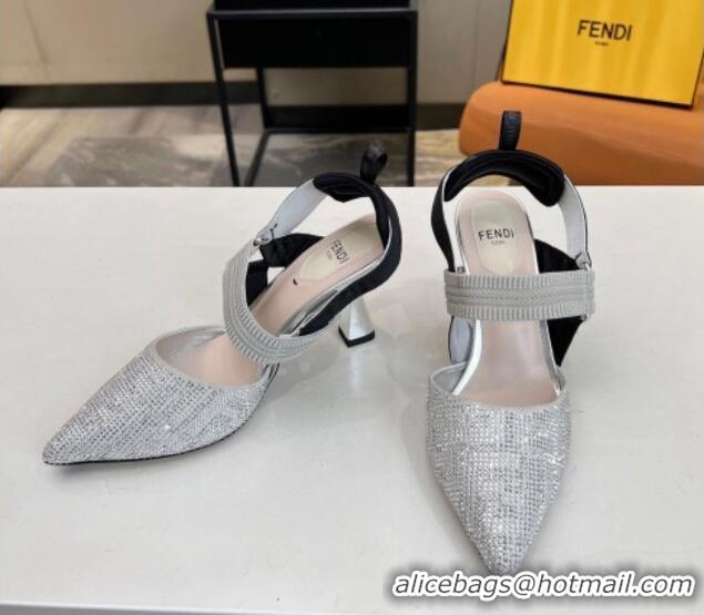 Grade Quality Fendi Colibri Slingback Pumps 8.5cm in Crystals Silver 0106076