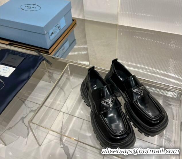 Buy Luxury Prada Brushed Leather Platform Loafers Black 214027