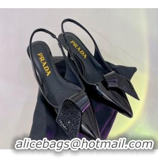 Grade Quality Prada Patent Leather Slingbacks Pumps with Crystals Charm 2.5cm/5.5cm Black 0104093