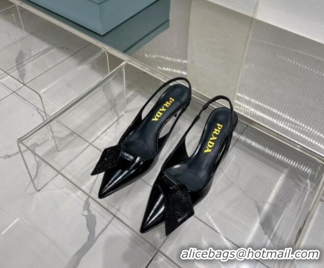 Grade Quality Prada Patent Leather Slingbacks Pumps with Crystals Charm 2.5cm/5.5cm Black 0104093