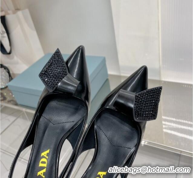 Grade Quality Prada Patent Leather Slingbacks Pumps with Crystals Charm 2.5cm/5.5cm Black 0104093