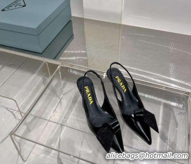 Grade Quality Prada Patent Leather Slingbacks Pumps with Crystals Charm 2.5cm/5.5cm Black 0104093