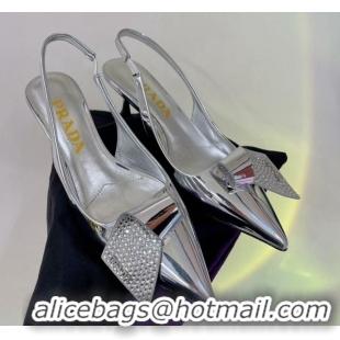 Top Grade Prada Glazed Leather Slingbacks Pumps with Crystals Charm 2.5cm/5.5cm Silver 0104094