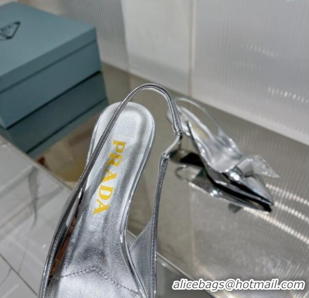 Top Grade Prada Glazed Leather Slingbacks Pumps with Crystals Charm 2.5cm/5.5cm Silver 0104094