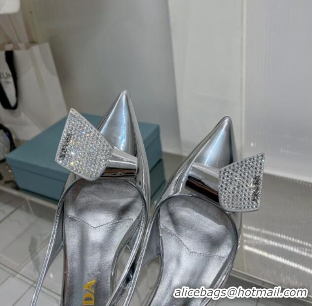 Top Grade Prada Glazed Leather Slingbacks Pumps with Crystals Charm 2.5cm/5.5cm Silver 0104094