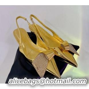 Most Popular Prada Glazed Leather Slingbacks Pumps with Crystals Charm 2.5cm/5.5cm Gold 0104095