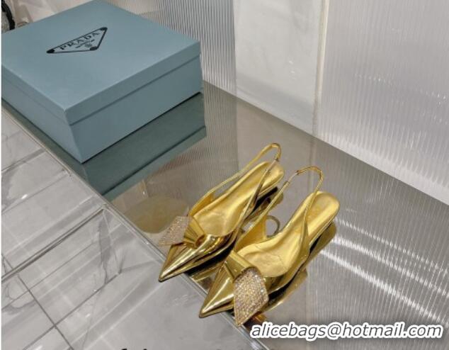 Most Popular Prada Glazed Leather Slingbacks Pumps with Crystals Charm 2.5cm/5.5cm Gold 0104095