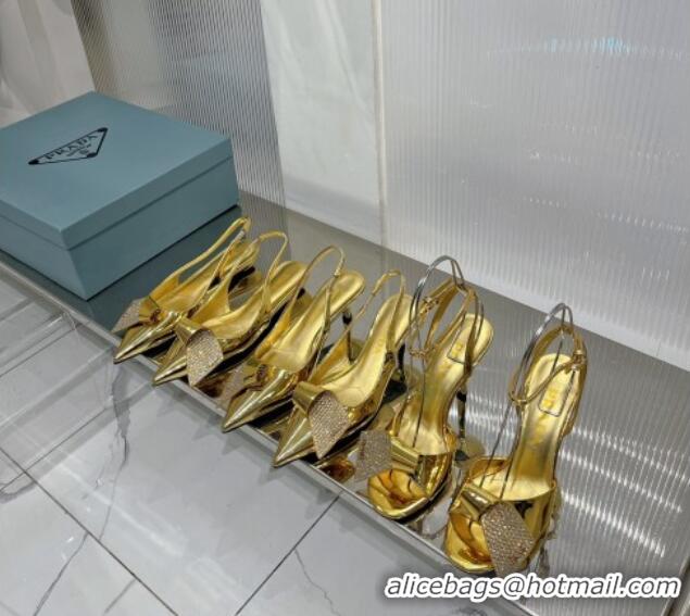 Most Popular Prada Glazed Leather Slingbacks Pumps with Crystals Charm 2.5cm/5.5cm Gold 0104095