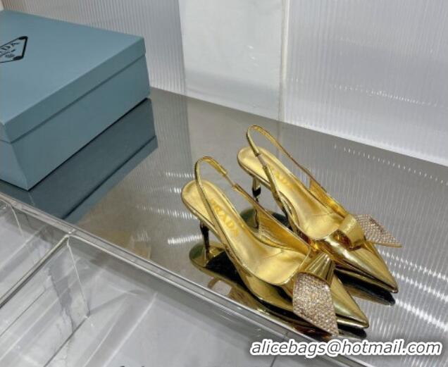 Most Popular Prada Glazed Leather Slingbacks Pumps with Crystals Charm 2.5cm/5.5cm Gold 0104095