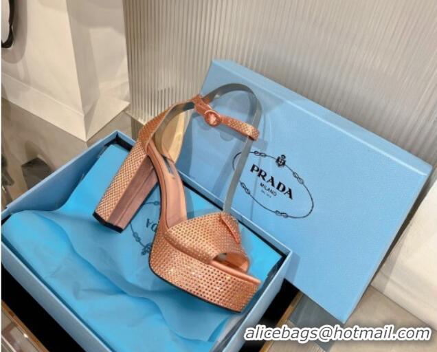 Good Looking Prada Crystals and Silk High Heel Platform Sandals 12cm Light Pink 0104096