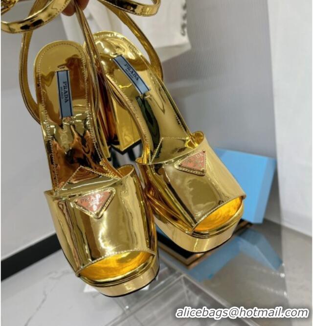 Perfect Prada Metallic Patent Leather High Heel Platform Sandals 12cm Gold 104103