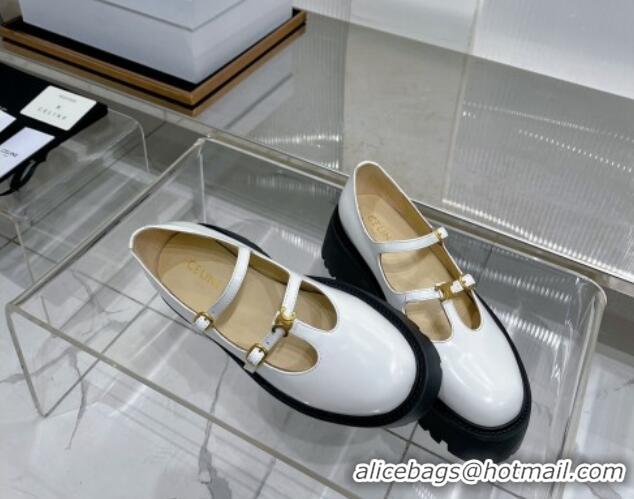 Popular Style Celine Double Strap Mary Jane Loafers 5cm in Calfskin White 0103121