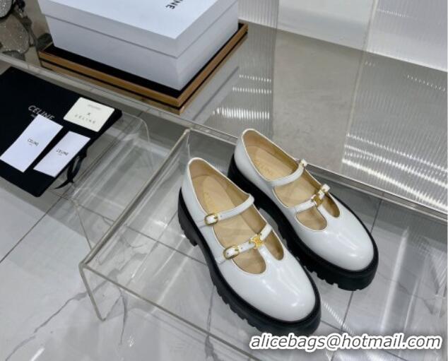 Popular Style Celine Double Strap Mary Jane Loafers 5cm in Calfskin White 0103121