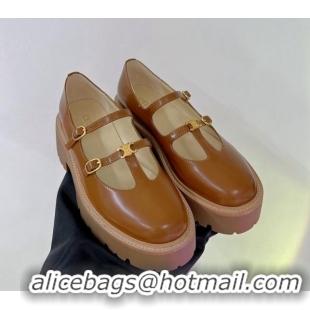 Unique Style Celine Double Strap Mary Jane Loafers 5cm in Calfskin Brown 0103122