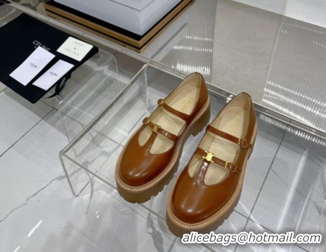 Unique Style Celine Double Strap Mary Jane Loafers 5cm in Calfskin Brown 0103122