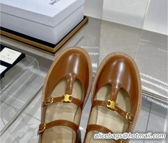 Unique Style Celine Double Strap Mary Jane Loafers 5cm in Calfskin Brown 0103122