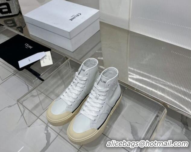 Low Price Celine AS-02 Mid Lace-up Alan Platform Sneakers 4cm with Triomphe Patch in Calfskin White/Beige 0103126