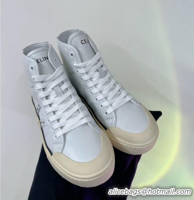 Low Price Celine AS-02 Mid Lace-up Alan Platform Sneakers 4cm with Triomphe Patch in Calfskin White/Beige 0103126