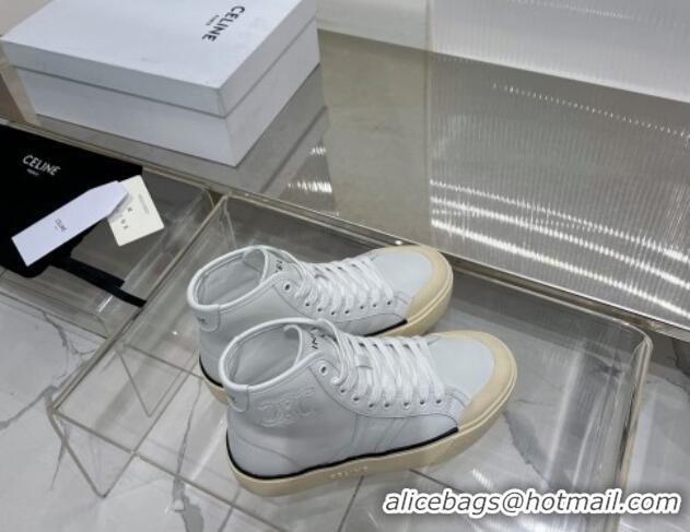 Low Price Celine AS-02 Mid Lace-up Alan Platform Sneakers 4cm with Triomphe Patch in Calfskin White/Beige 0103126