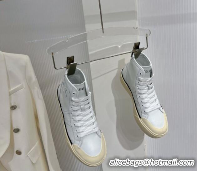 Low Price Celine AS-02 Mid Lace-up Alan Platform Sneakers 4cm with Triomphe Patch in Calfskin White/Beige 0103126