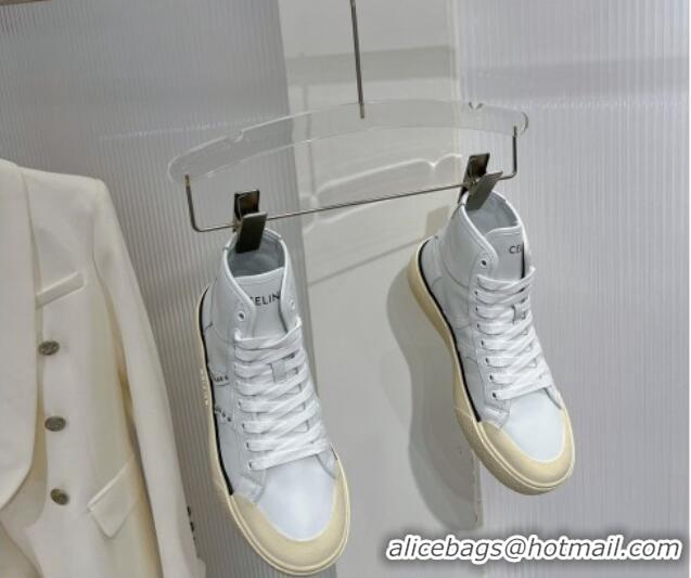 Top Quality Celine AS-02 Mid Lace-up Alan Platform Sneakers 4cm with Studs in Calfskin White/Beige 0103127