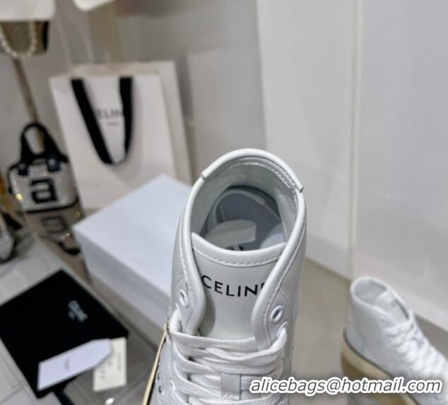 Top Quality Celine AS-02 Mid Lace-up Alan Platform Sneakers 4cm with Studs in Calfskin White/Beige 0103127