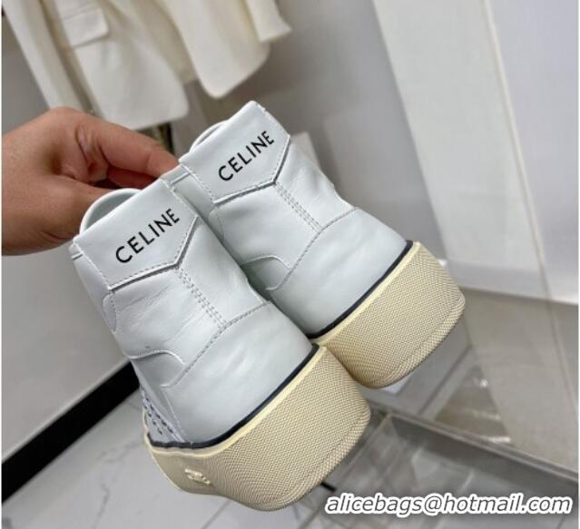 Top Quality Celine AS-02 Mid Lace-up Alan Platform Sneakers 4cm with Studs in Calfskin White/Beige 0103127