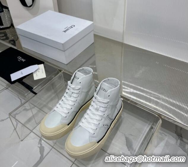 Top Quality Celine AS-02 Mid Lace-up Alan Platform Sneakers 4cm with Studs in Calfskin White/Beige 0103127