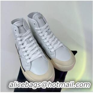 Good Quality Celine AS-02 Mid Lace-up Alan Platform Sneakers 4cm with Studs in Calfskin White/Black 0103129