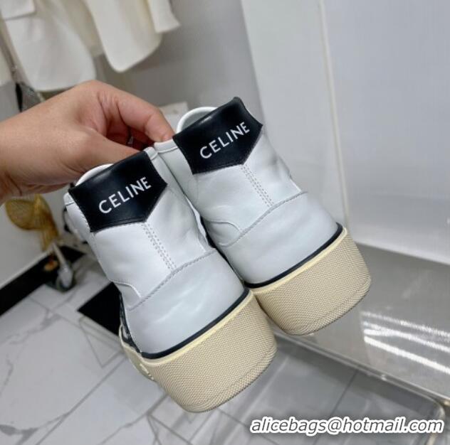 Good Quality Celine AS-02 Mid Lace-up Alan Platform Sneakers 4cm with Studs in Calfskin White/Black 0103129