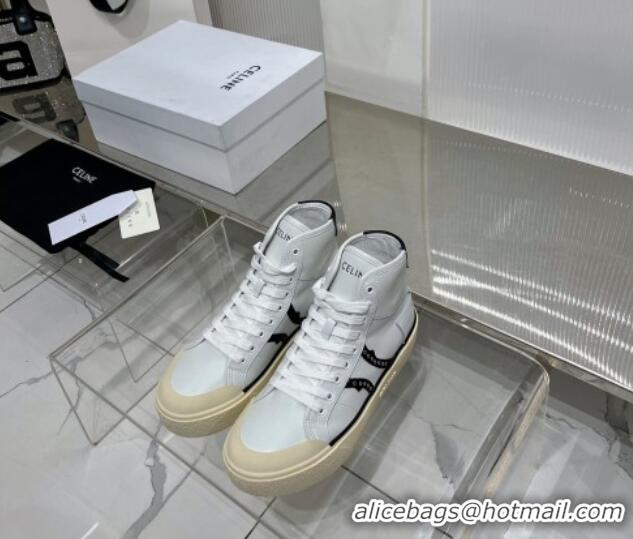 Good Quality Celine AS-02 Mid Lace-up Alan Platform Sneakers 4cm with Studs in Calfskin White/Black 0103129