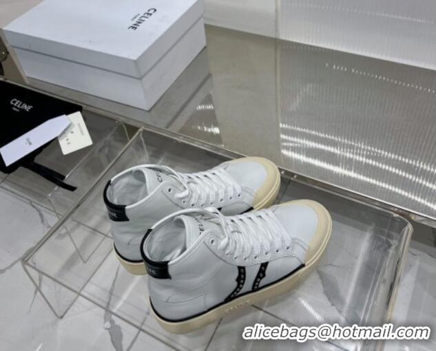 Good Quality Celine AS-02 Mid Lace-up Alan Platform Sneakers 4cm with Studs in Calfskin White/Black 0103129