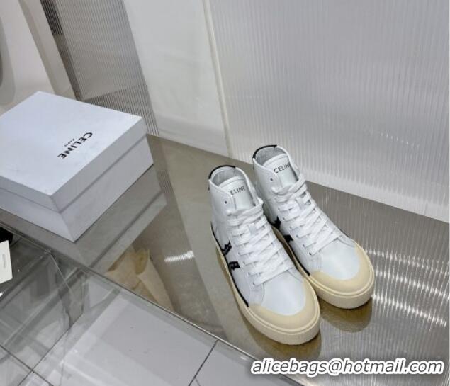 Good Quality Celine AS-02 Mid Lace-up Alan Platform Sneakers 4cm with Studs in Calfskin White/Black 0103129