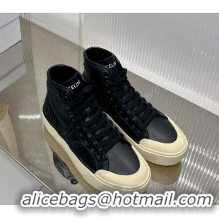 Best Grade Celine AS-02 Mid Lace-up Alan Platform Sneakers 4cm with Triomphe Patch in Calfskin Black/Beige 103130