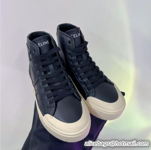 Best Grade Celine AS-02 Mid Lace-up Alan Platform Sneakers 4cm with Triomphe Patch in Calfskin Black/Beige 103130