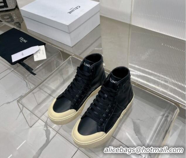 Best Grade Celine AS-02 Mid Lace-up Alan Platform Sneakers 4cm with Triomphe Patch in Calfskin Black/Beige 103130