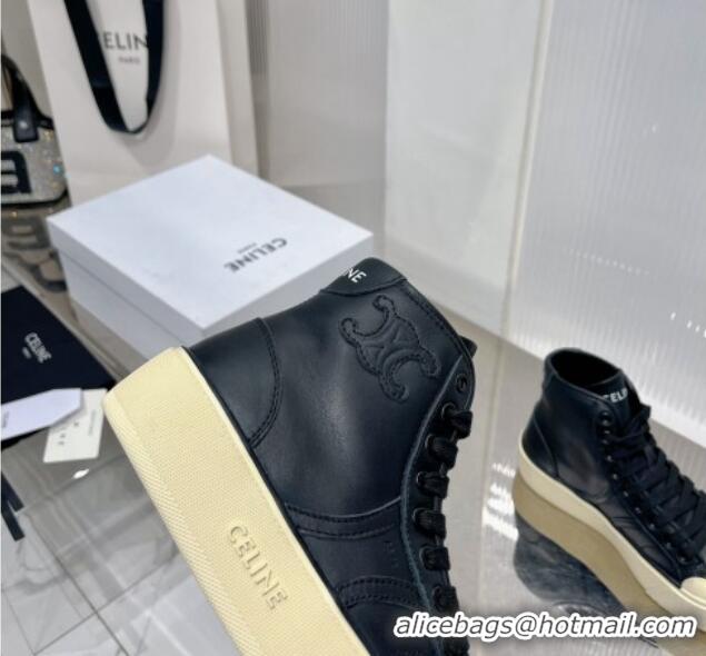 Best Grade Celine AS-02 Mid Lace-up Alan Platform Sneakers 4cm with Triomphe Patch in Calfskin Black/Beige 103130