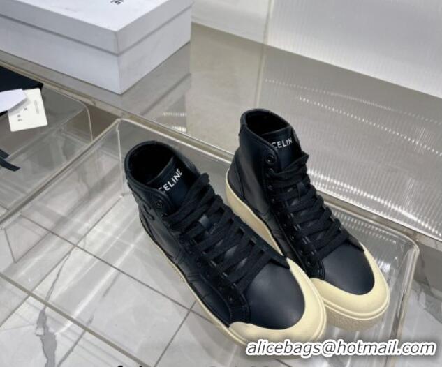 Best Grade Celine AS-02 Mid Lace-up Alan Platform Sneakers 4cm with Triomphe Patch in Calfskin Black/Beige 103130