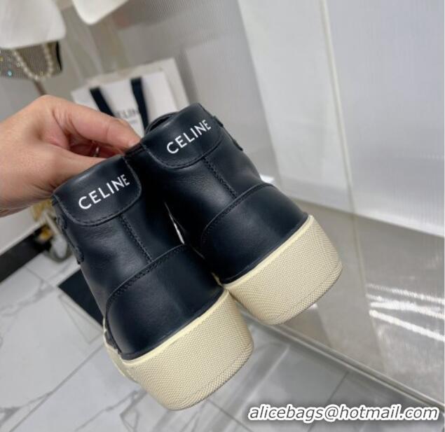 Best Grade Celine AS-02 Mid Lace-up Alan Platform Sneakers 4cm with Triomphe Patch in Calfskin Black/Beige 103130