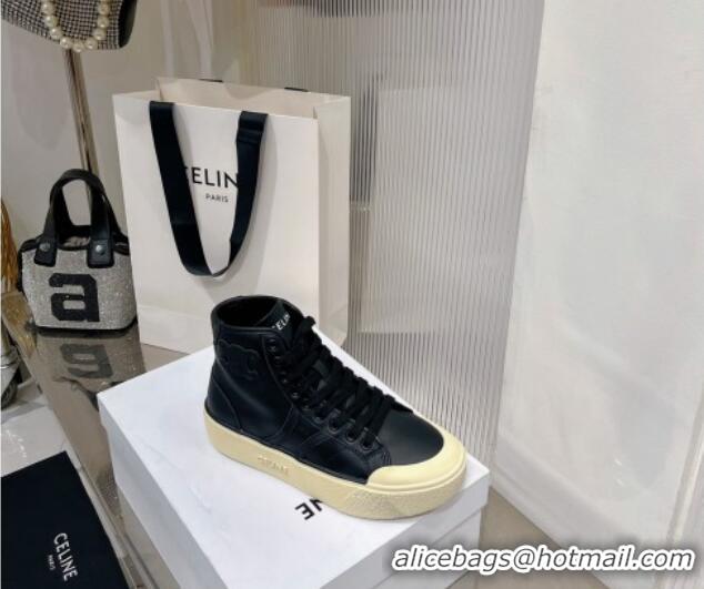 Best Grade Celine AS-02 Mid Lace-up Alan Platform Sneakers 4cm with Triomphe Patch in Calfskin Black/Beige 103130