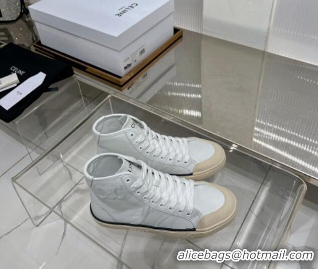 Cheap Celine AS-02 Mid Lace-up Alan Sneakers with Triomphe Patch in Calf Leather White 103131