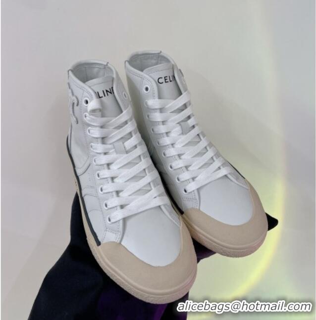 Cheap Celine AS-02 Mid Lace-up Alan Sneakers with Triomphe Patch in Calf Leather White 103131