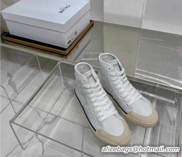 Cheap Celine AS-02 Mid Lace-up Alan Sneakers with Triomphe Patch in Calf Leather White 103131