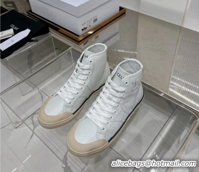 Cheap Celine AS-02 Mid Lace-up Alan Sneakers with Triomphe Patch in Calf Leather White 103131