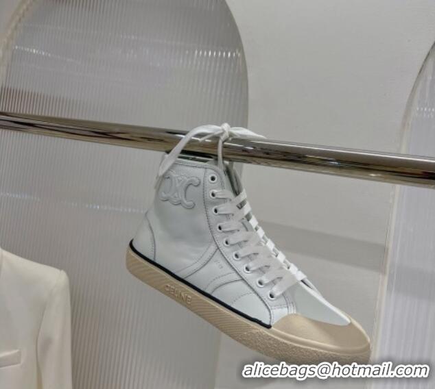 Cheap Celine AS-02 Mid Lace-up Alan Sneakers with Triomphe Patch in Calf Leather White 103131